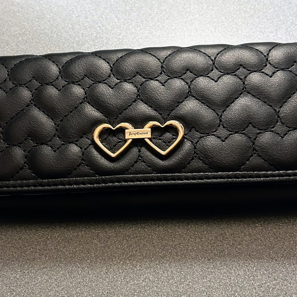 Juicy Couture Black and Gold Quilted Clutch with Heart Detail